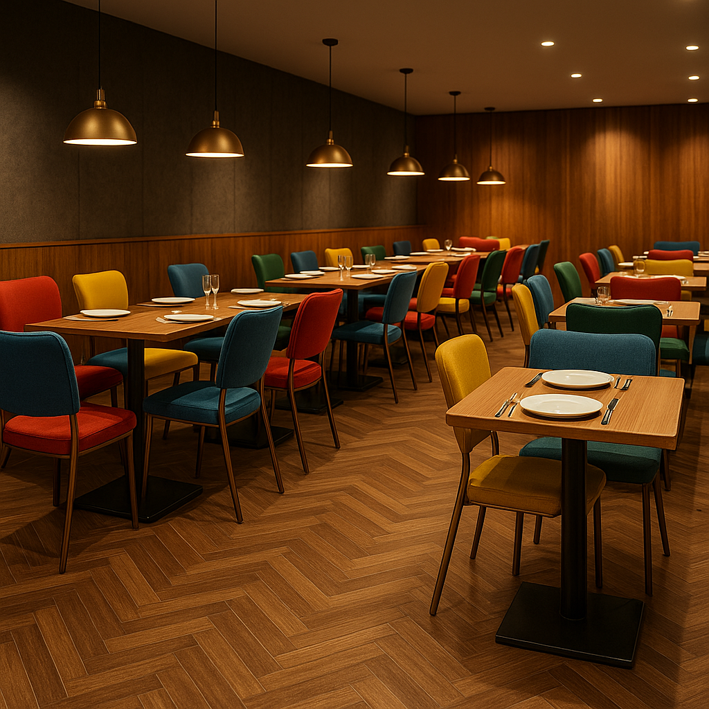Colourful chairs and tables arranged in a modern restaurant interior