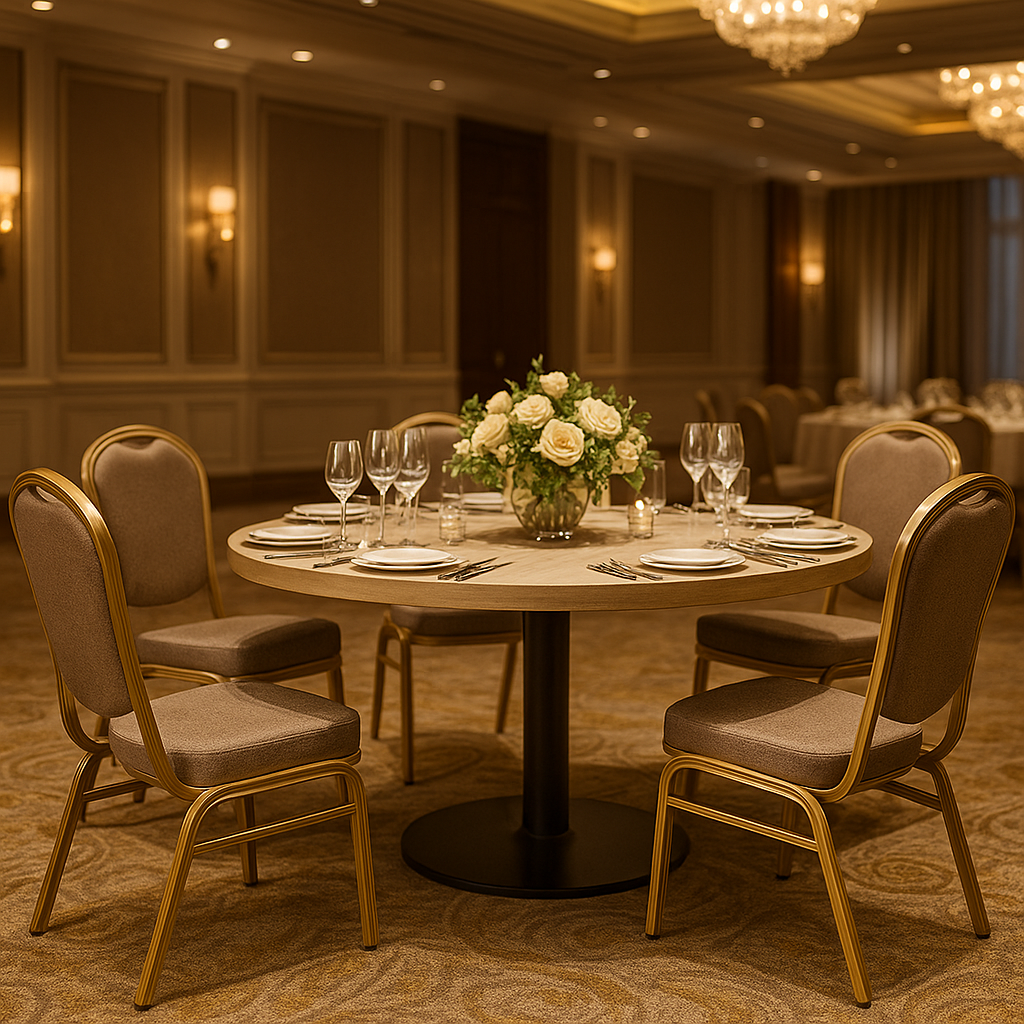 Luxurious banquet chairs and table arrangement in a hotel ballroom